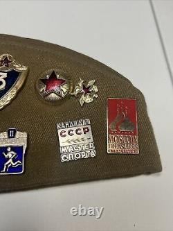 Rare Union Soviétique Chapeau Militaire Russe & Pins. Insigne Cccp De L'urss Avec 3 Patchs