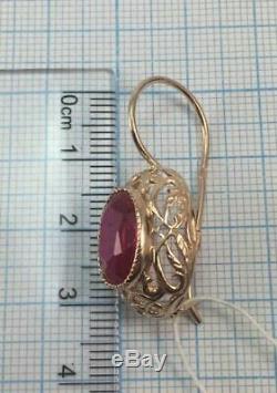 Royal Vintage Original Urss Soviétique Russe Or Rose Massif 583 Boucles D'oreilles 14k Ruby