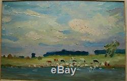Russe Rivière Ukrainienne Vaches Du Troupeau Paysage Peinture À L'huile Soviétique Impressionisme