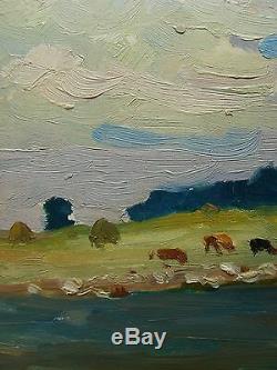 Russe Rivière Ukrainienne Vaches Du Troupeau Paysage Peinture À L'huile Soviétique Impressionisme