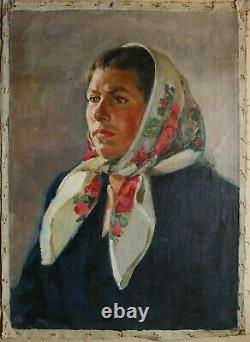 Russe Ukrainian Soviétique Huile Peinture Réalisme Femme Portrait Fille Femme 1950s