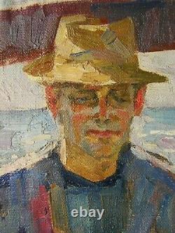 Russie Ukraine Soviétique Huile Peinture Réalisme Portrait Homme Figure Homme Chapeau Bateau