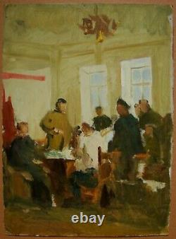 Russie Ukraine Soviétique Peinture À L'huile Genre Rencontre Réalisme Croquis 1950s