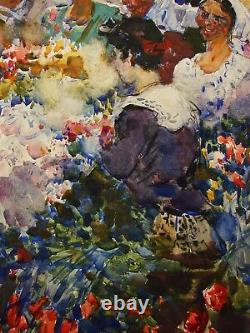 Russie Ukrainian Soviétique Peinture Réalisme Impressionnisme Marché Fleurs Filles 50s