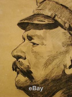 Soviétique Russe Ukrainien Fusain Peinture Réalisme Portrait Masculin Des Années 1950 Homme