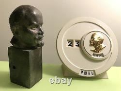 Ussr Russe Communiste Lider Vladimir Lénine Bronze Buste & Calendrier De Bureau