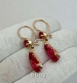 Vieilles Boucles D'oreilles Soviétiques En Or Massif Rose Rubis 583 14k Urss, Rubis Russe