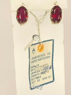 Vintage Antique Urss Soviet Russe Étoile 583 Solid 14k Rose Boucles D'oreilles En Or Rubis