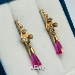Vintage Boucles D'oreilles Étoile Russe Bijoux Urss Soviétique En Or 14k 583 Briolette Ruby