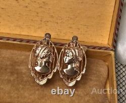 Vintage Or 583 Boucles D'oreilles 14k Soviet Kamei Femmes Urss Jewel Star Old Rare Head