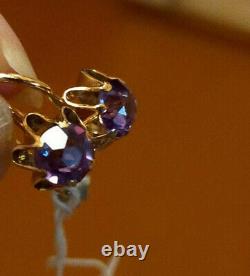 Vintage Rare Earrings Russian Soviet Ussr Jewelry Gold 14k 583 Alexandrite